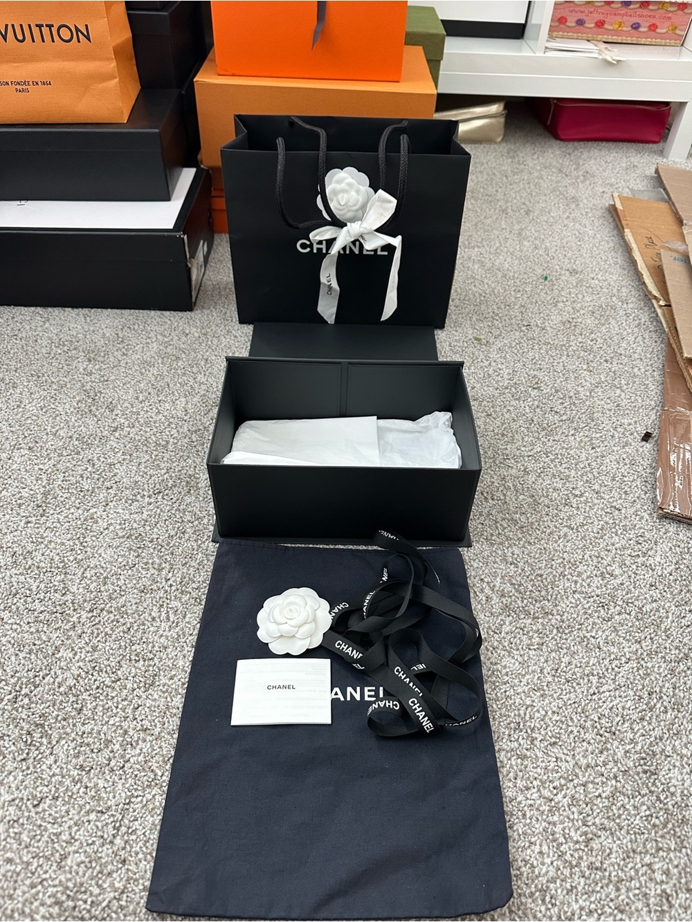 CHANEL Black Gift Box Set with White Camellia Accent for mini to small bag